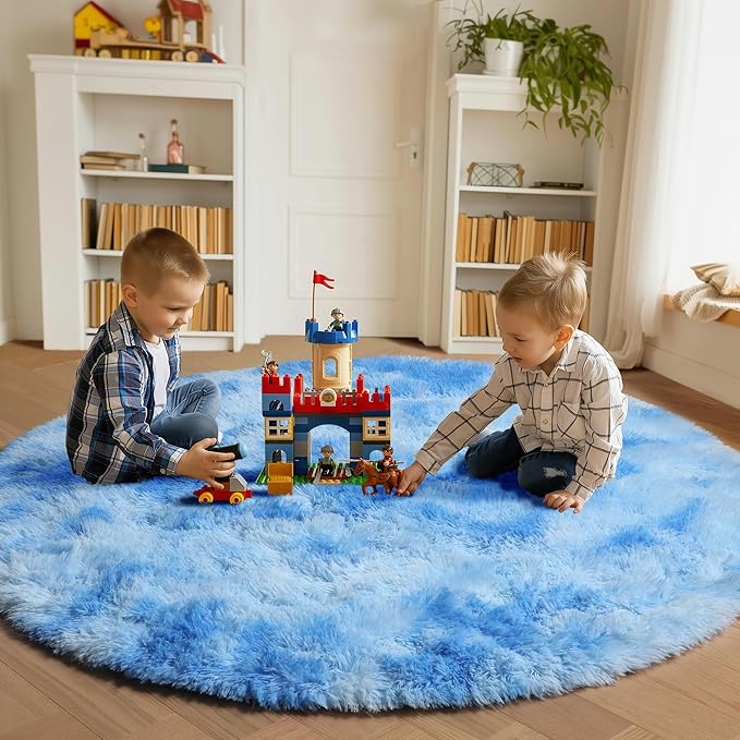 ONASAR Round Rugs 5ft for Bedroom Living Room, Tie-Dye Blue Fluffy Circle Area - Image 4