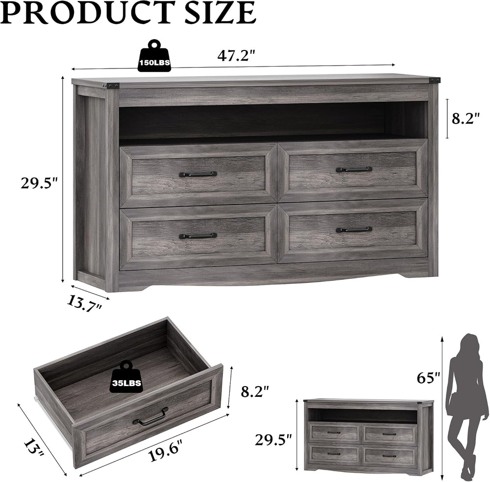 Xixini Dresser for Bedroom with LED Lights, 4-Drawer Grey Chest of Drawers