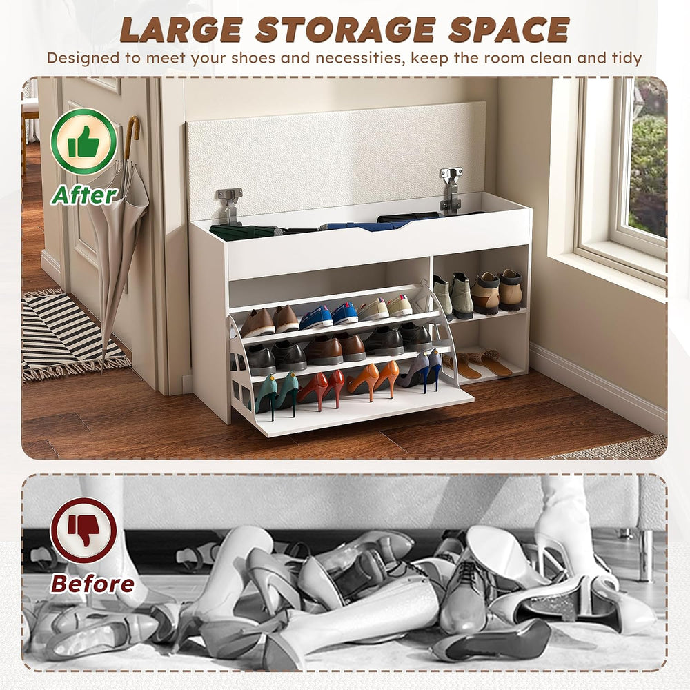White Shoe Storage Bench, 3-Tier FlipUp Entryway Bench, 39.7 x 11.8X 20.47 Wo...
