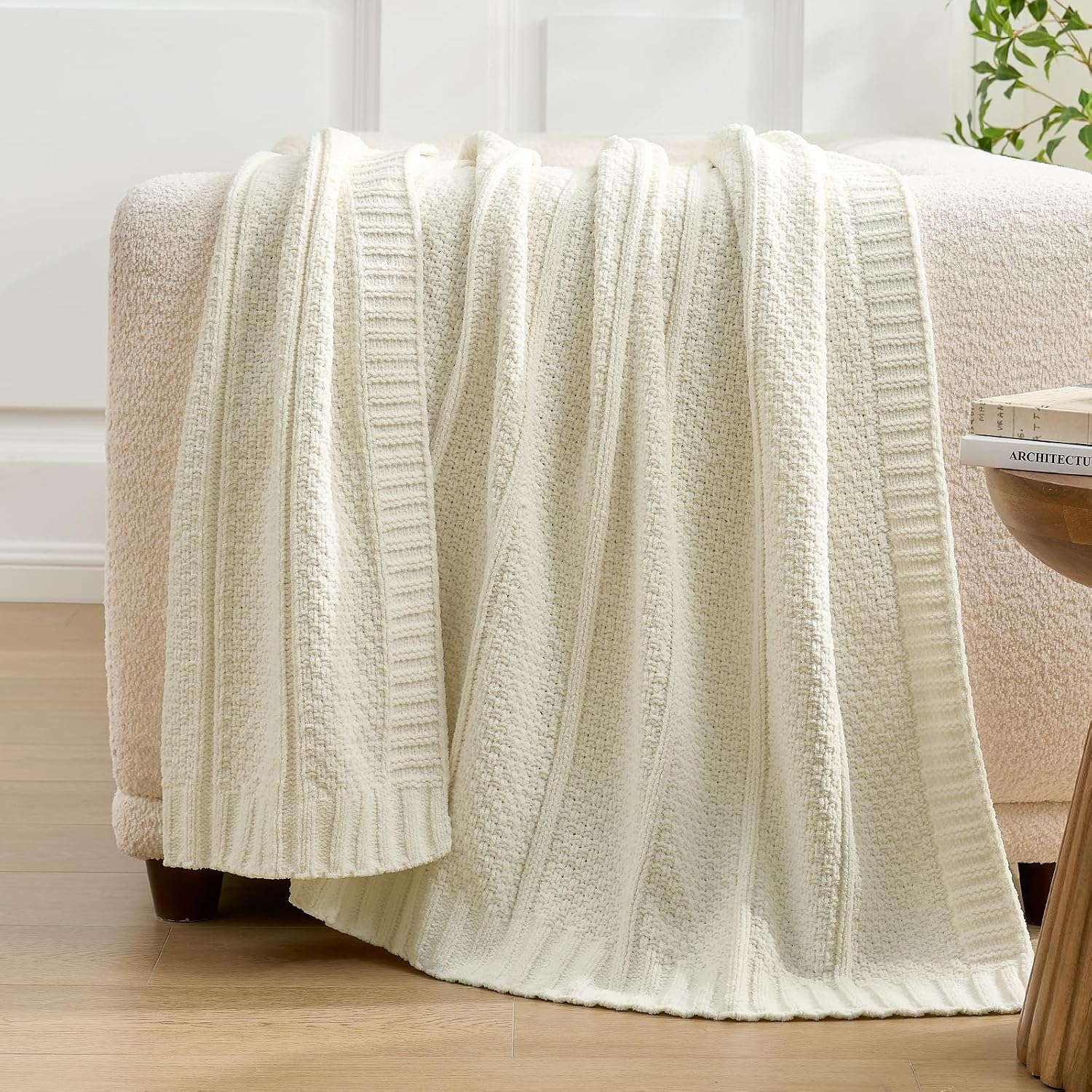 Premium Chenille Throw Blanket, Soft Cozy Moss Stitch Knit Blanket for Couch, Sofa, Chair, Home Decor, Cream White 50"x60"