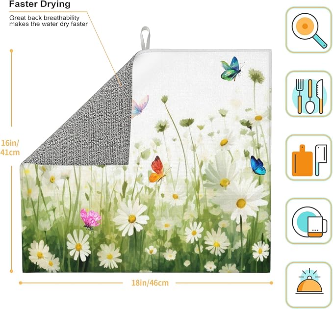 Vintage Watercolor Daisy Butterfly Dish Drying Mat - Image 2