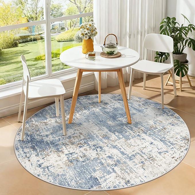 XLUEZ Round Rug 4ft for Bedroom, Washable Modern Abstract Circle Rug Neutral - Image 2