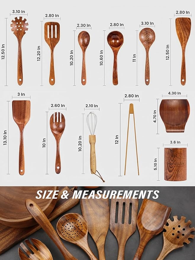 12-Piece Teak Wooden Kitchen Utensil Set – Nonstick Safe Cooking Spoons & - Image 4