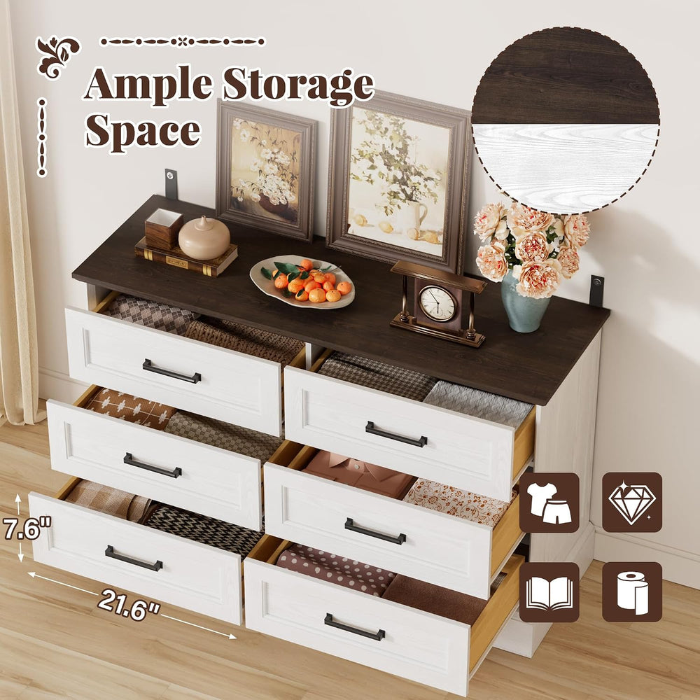 Furmax Farmhouse Dresser for Bedroom, 6 Drawers Dresser, White & Brown