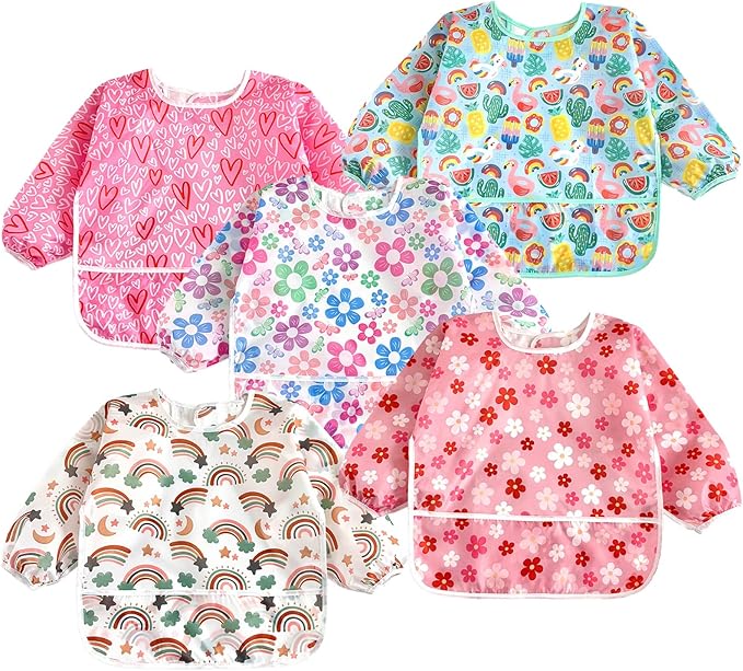 PandaEar 5 Pack Baby Long Sleeve Bibs| Waterproof Full Sleeve Bib by PandaEar