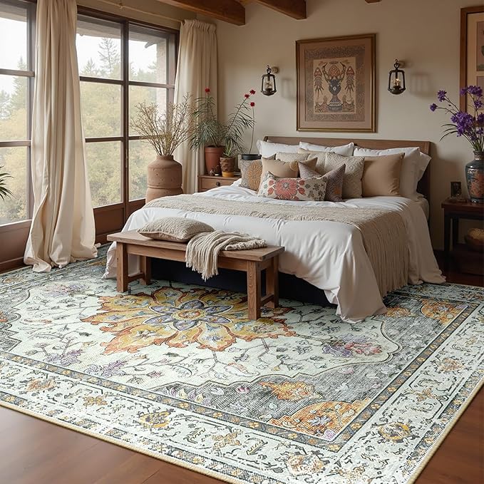 RELEANY Area Rugs 6'x8' Washable Non-Slip, Floral Vintage Distress Print by RELEANY