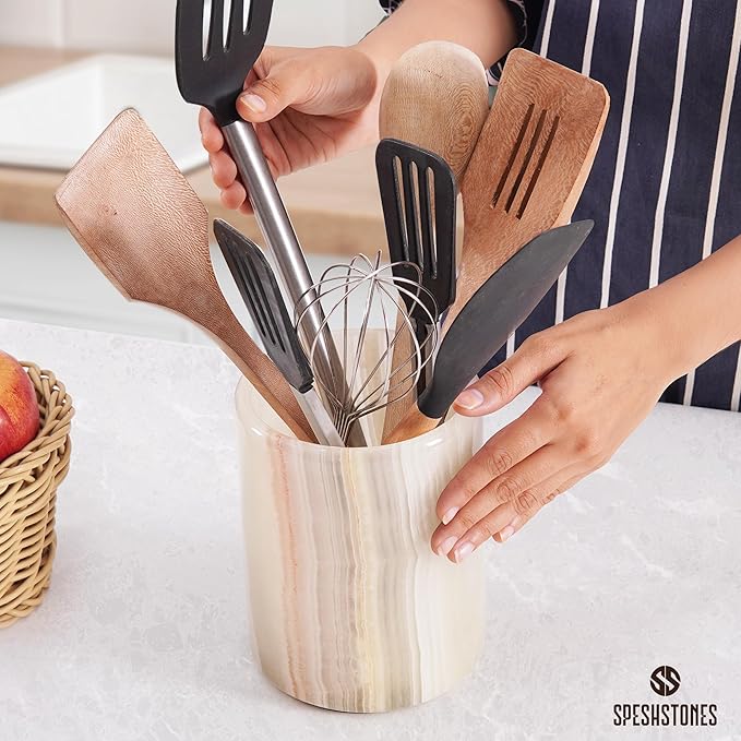 Marble Utensil Holder 6.5 Inch Cream Onyx Wooden Cooking Utensils Set & S...