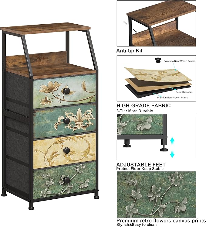 Tohomeor Dresser with Fabric Drawers Nightstand with 2 Tier Shelf Storage Tow...