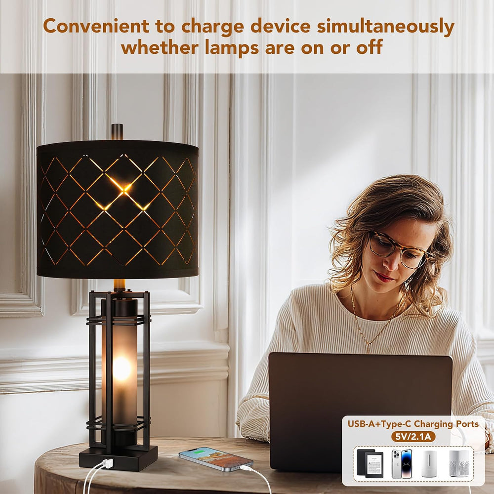 27'' Modern Table Lamp Set of 2 with Nightlight, Metal Bedside Lamps