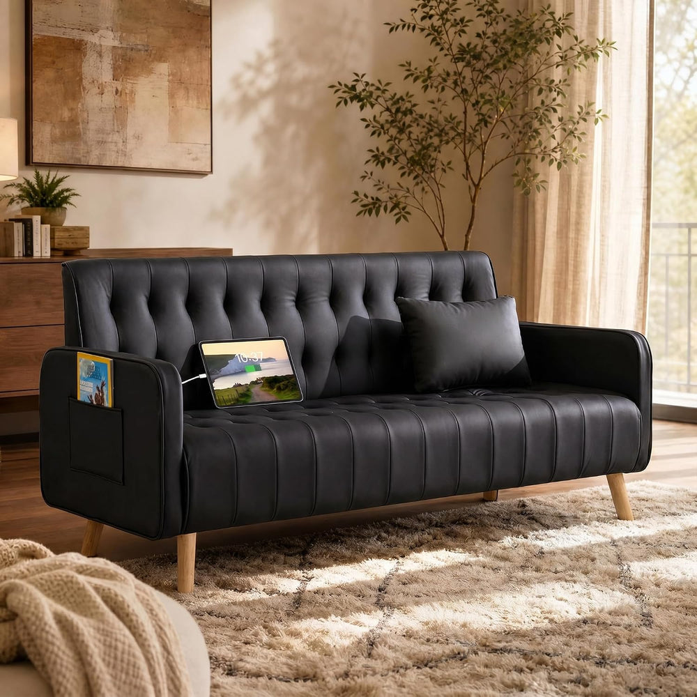 57” Faux Leather Loveseat Sofa, Small Tufted Couch (1, Black)