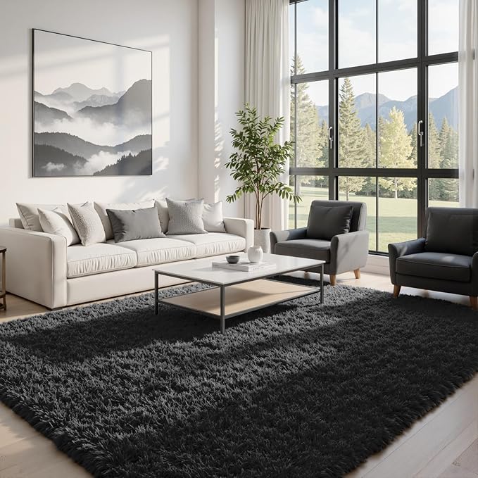 8x10 Area Rugs for Living Room Rug: Soft Fluffy Shag Black Rugs for Bedroom - Image 2