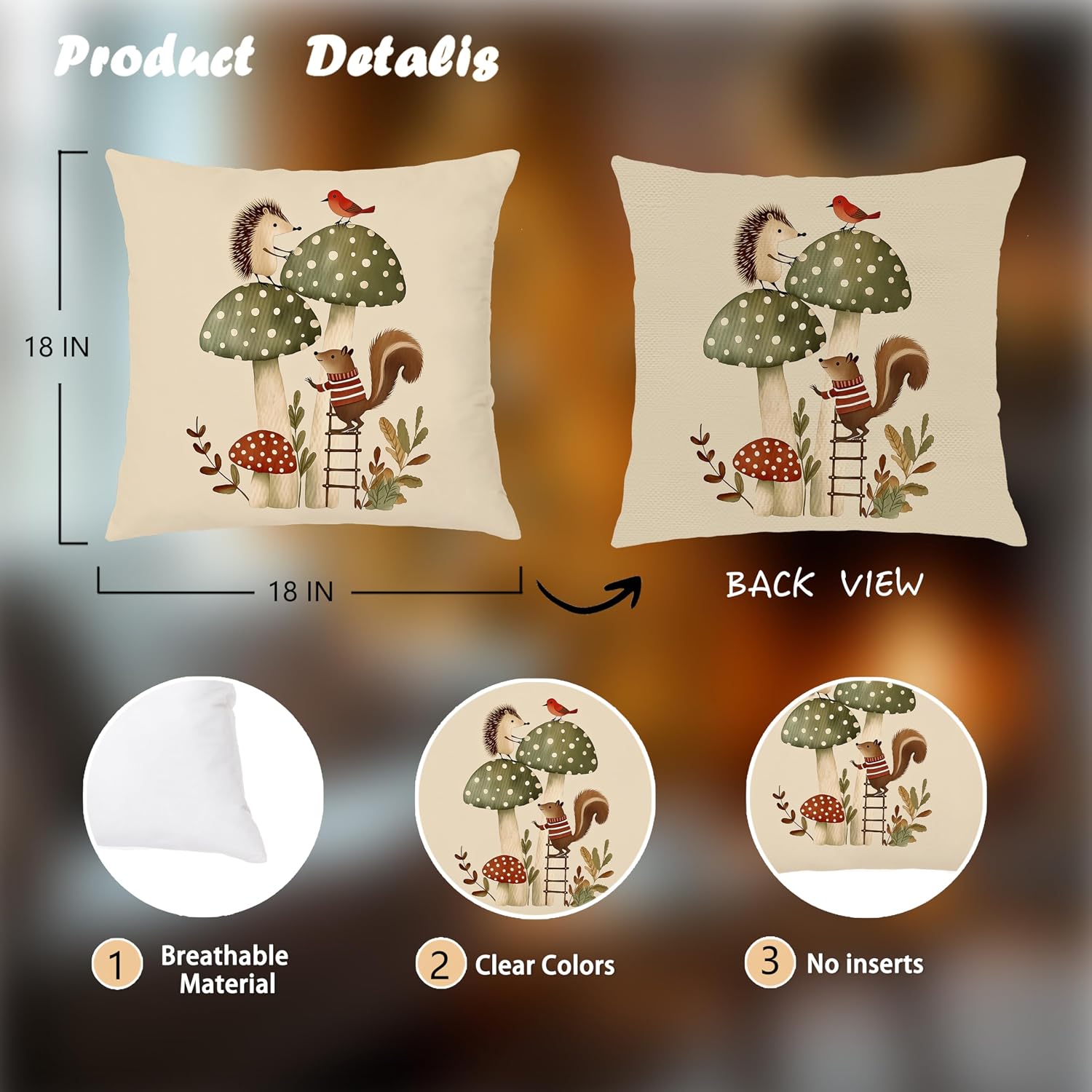 Whimsical Forest Animal Kids Pillow Cover 18x18 Double-Sided Set of 4, Boho Cottagecore Tree Mushroom Throw Pillow Cover Case for Nursery Kids Bedroom Playroom