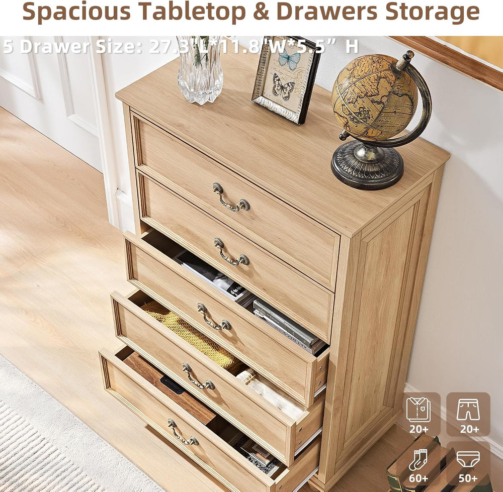 Joaxswe Farmhouse 5 Drawer Dresser for Bedroom, 45" Tall Vinatge Chests ...