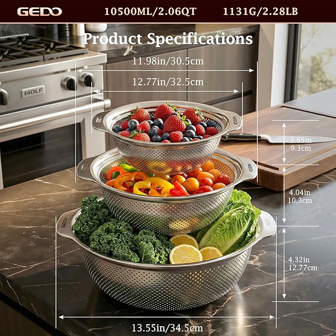 GEDO 304 Stainless Steel Colander Set, 3 Pack Kitchen Food Strainer - Image 3