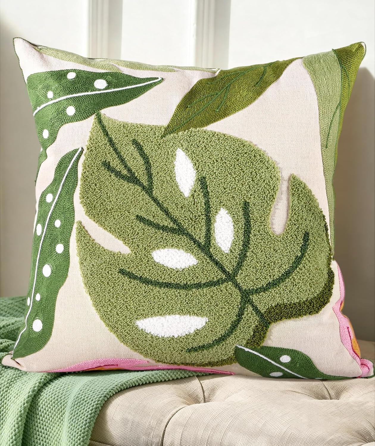 Embroidered Throw Pillow Cover - 18x18 Decorative Pillow Cover with Zipper Aesthetic Cute Design Boho Spring Summer Throw Pillowcase for Living Room Couch Sofa Bed, Monstera Leaves
