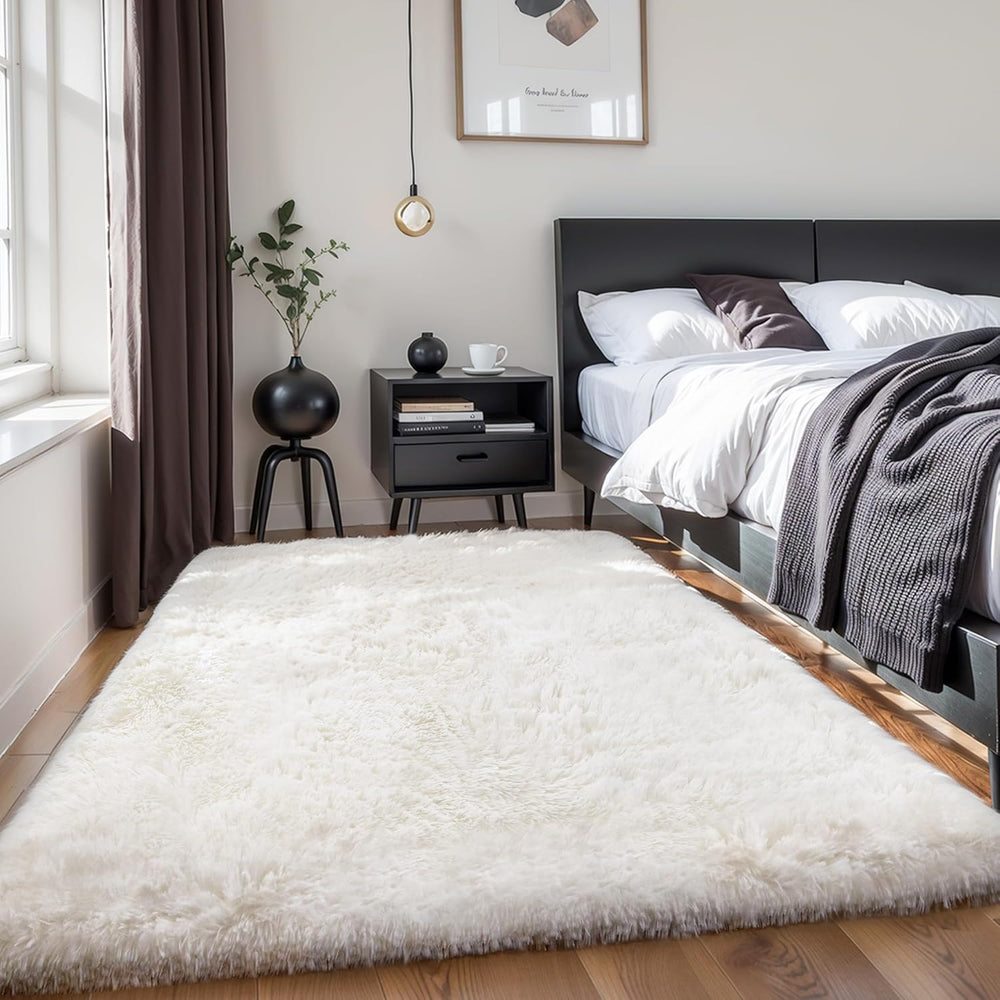 5x7 Thick Cream White Shag Rug for Girls Bedroom, Soft Plush Carpet