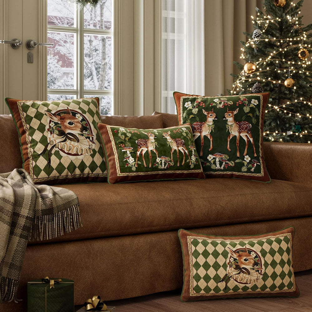 Vintage Christmas Pillow Cover 18x18, Holly Deer