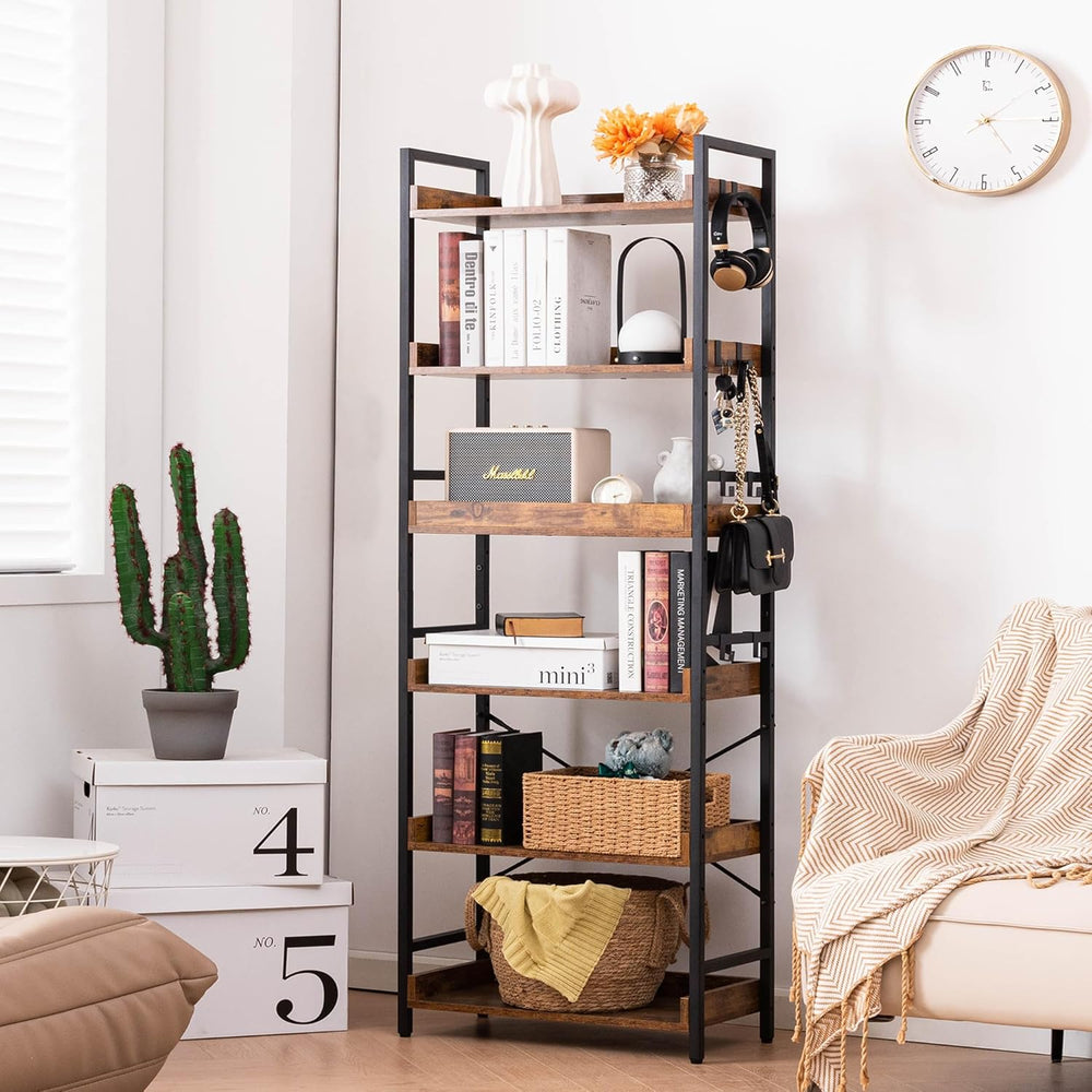 HCHQHS Adjustable 6 Tier Open Bookcase, Rustic Farmhouse Book Shelves, Indust...