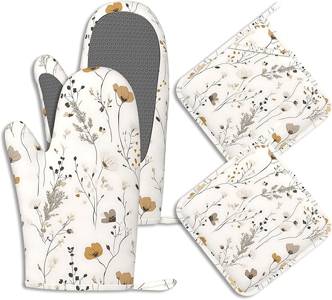 Vintage Wild Flowers Oven Mitts and Pot Holders Herb Floral Silicone Kitchen by BIGXIUKA