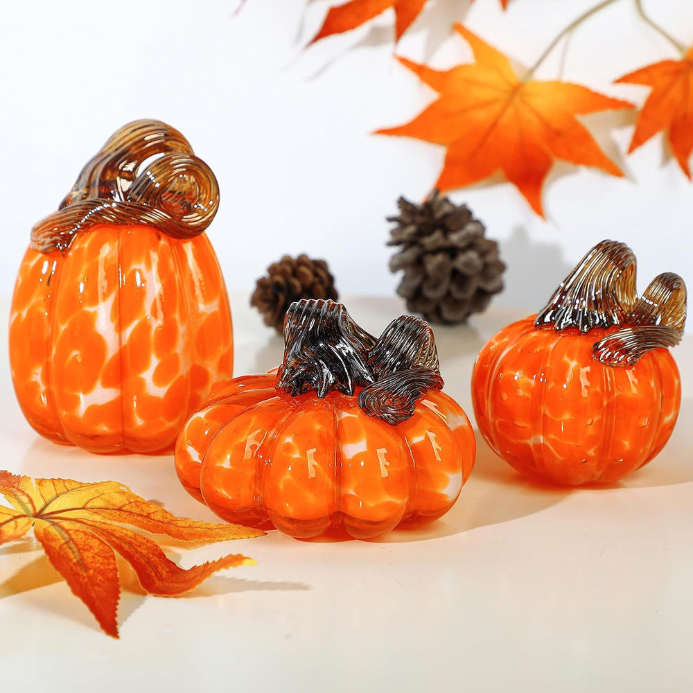 3 Pcs Blown Glass Pumpkin Figurines Orange Fall Halloween Table Decor