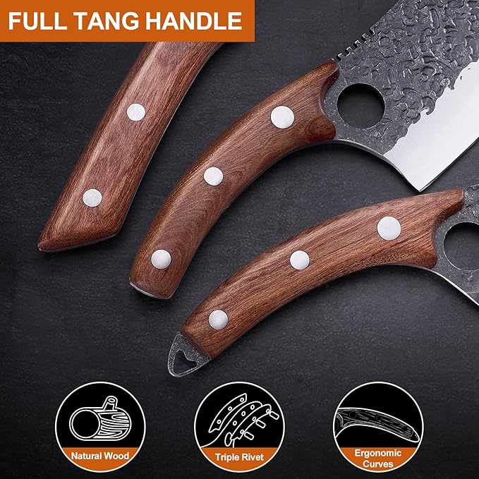 3PCS Hand Forged Butcher Knife Set Meat Cleavers, Serbian Chef Knife Viking - Image 6