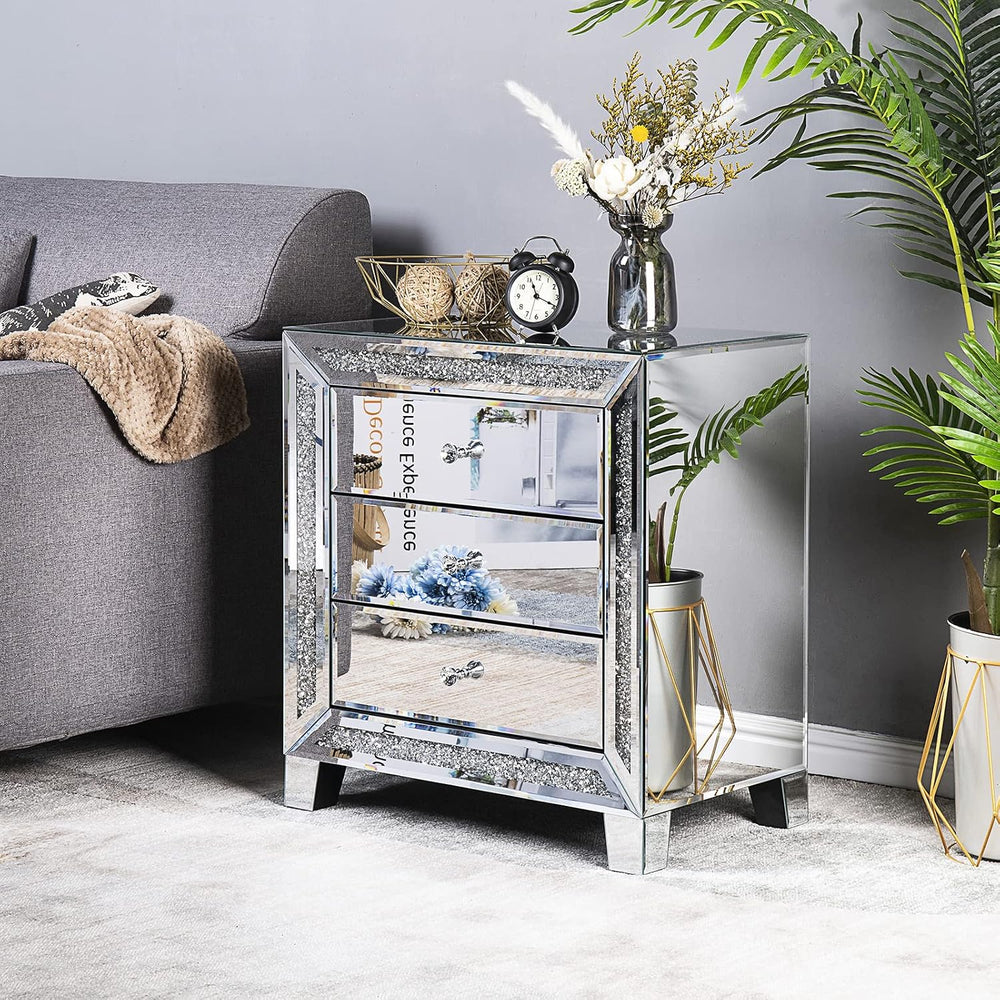 VINGLI Mirrored Nightstand Glass End Table, 23" W Silver Night Stand for...