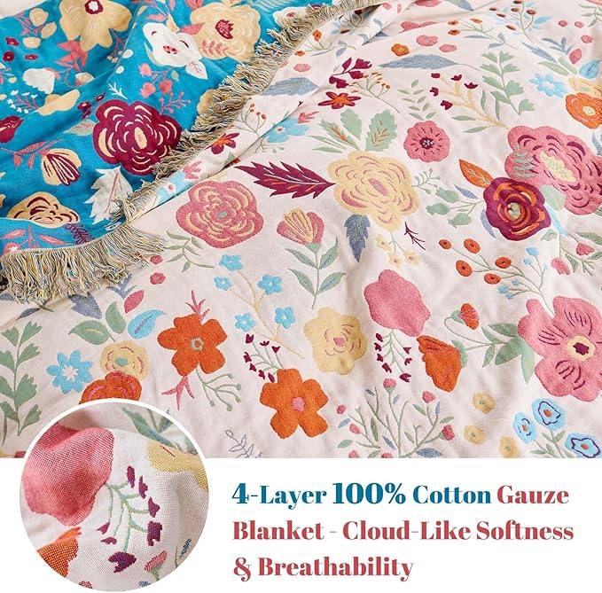 MSGKV Boho Throw Blanket for Couch 100% Cotton Floral Blanket 50"x60" Sofa Bed - Image 4