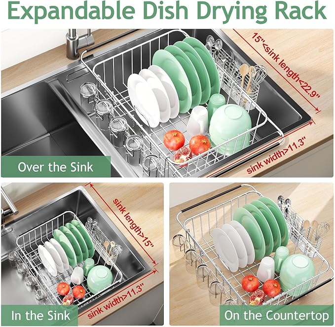 Fanbsy Dish Drying Rack in Sink, Extendable Stainless Steel Dish Drainers