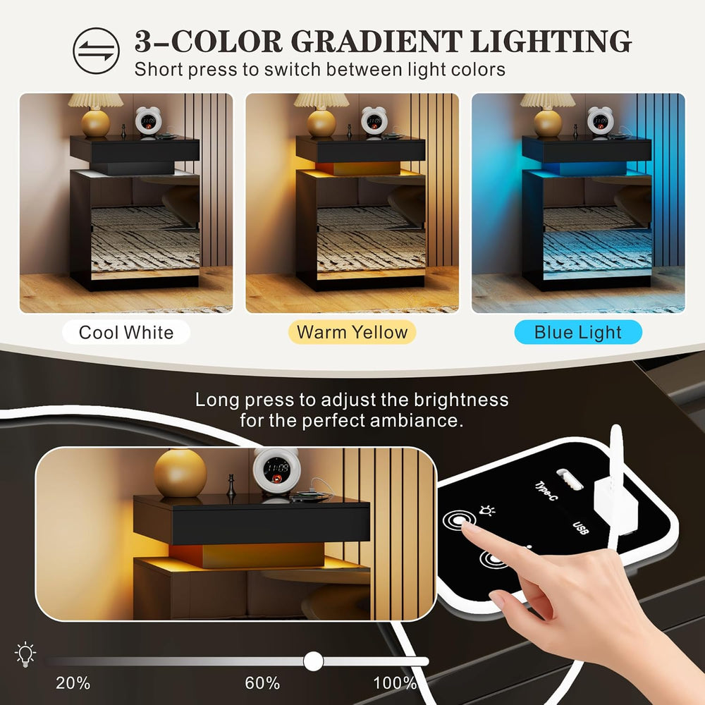 LED Mirrored Nightstand with Charging Station, Bedside Table, Black