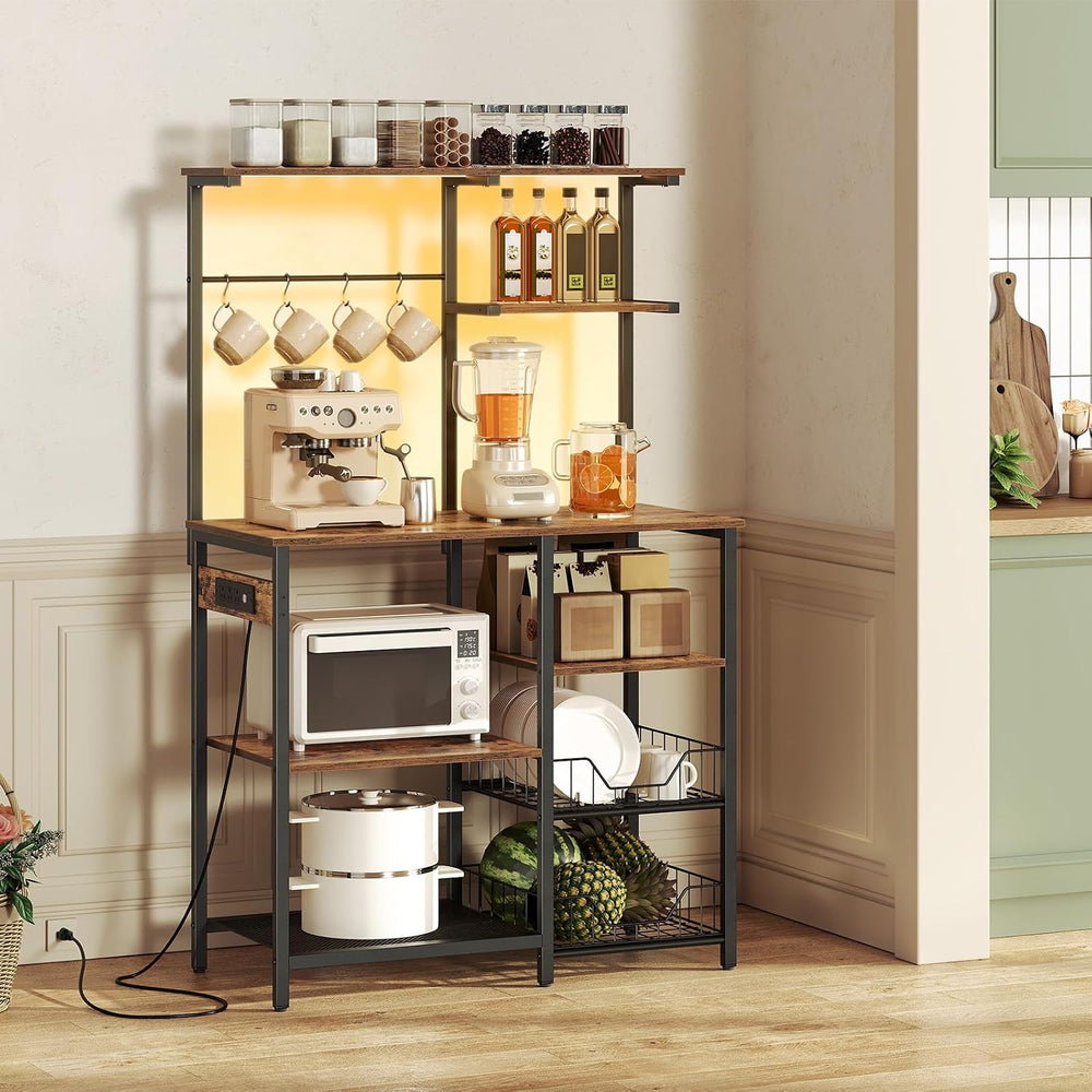HOOBRO Bakers Rack with Power Outlet and LED Light, 6-Tier Microwave Stand wi...
