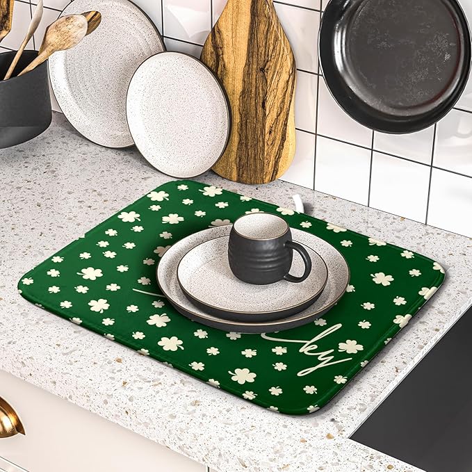 Giwawa St Patricks Day Dish Drying Mat Green Lucky Clovers Dish Drainer Mats - Image 5