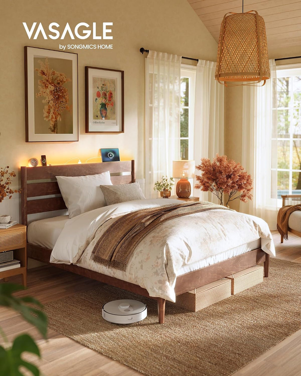 VASAGLE Full Bed Frame, Wood Platform Bed with Headboard Storage Shelf