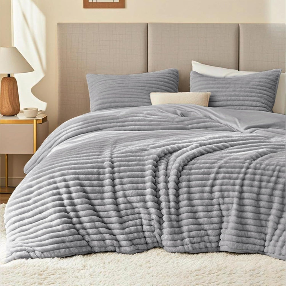 EXQ Home Fluffy Comforter Set Queen Size,3 Pieces Bed Set,Light Gray