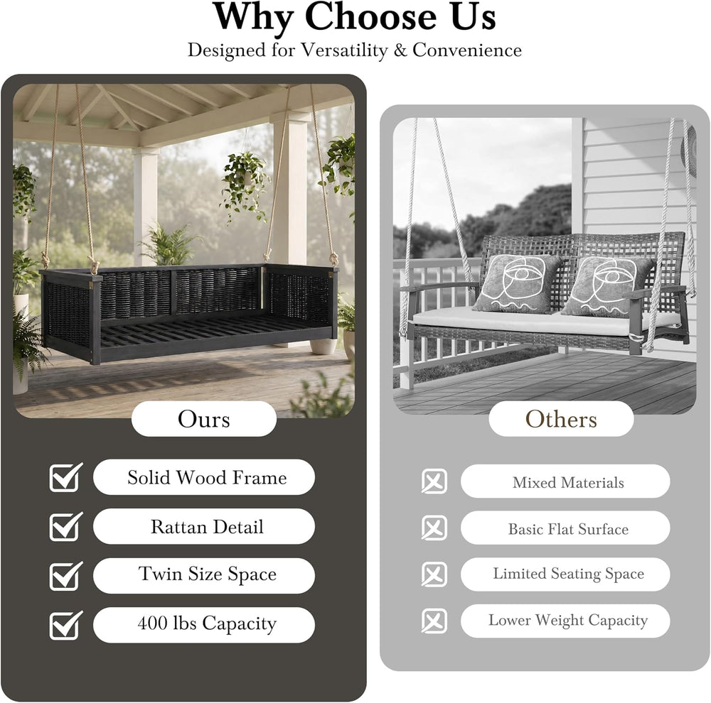 LUMISOL Twin Size Outdoor Porch Swing Bed, Solid Wood Rattan Swing Daybed Fra...