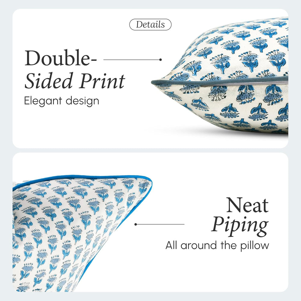 CPC Apatite Blue Block Print Throw Pillow Covers 18x18 Inch, Pack of 2