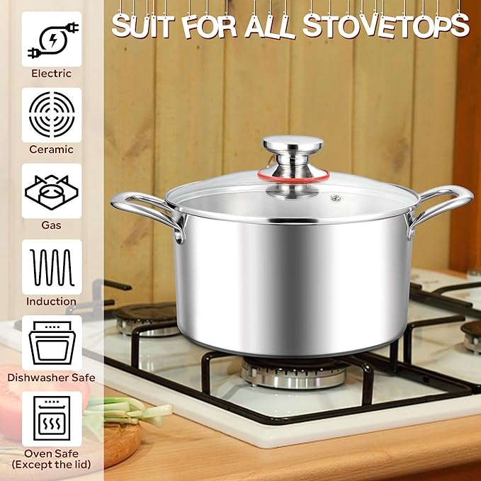 E-far 5 Quart Stock Pot with Lid, 18/10 Tri-ply Stainless Steel Stockpot - Image 4