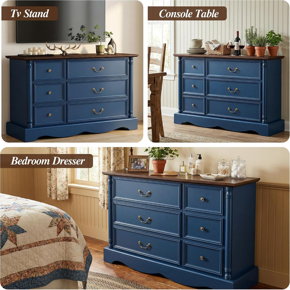 Gray Rustic 6 Drawer Wood Dresser with Charging Station