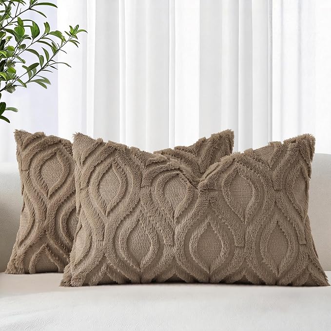 decorUhome Throw Pillow Covers 12x20 Inch Set of 2, Soft Plush Faux Wool Light by decorUhome