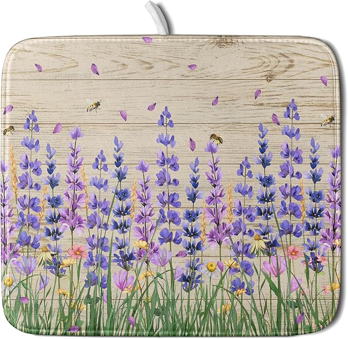 Lavender Floral Dish Drying Mat 16x18 inch Spring Summer Flower Decorative Fast by Giwawa