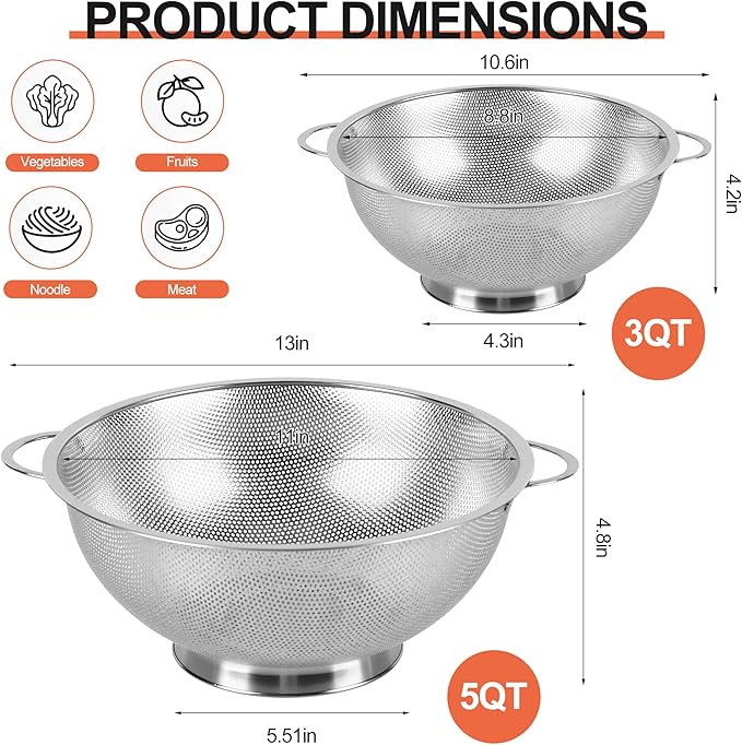 Kaishun Colander Stainless Steel 3-Quart, Strainer - Image 2