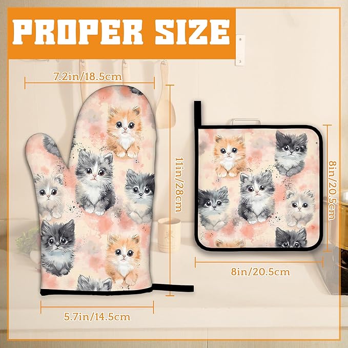 Cute Cat Oven Mitts and Pot Holders, Heat Resistant Oven Mitts Gloves and Pot - Image 2