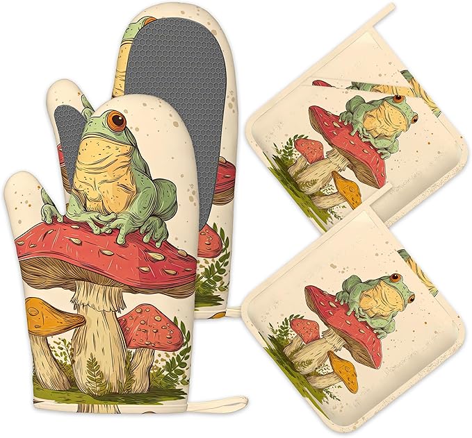 Green Frog Oven Mitts and Pot Holders Sets, Silicone Mushroom Kitchen Mitts by Unknown