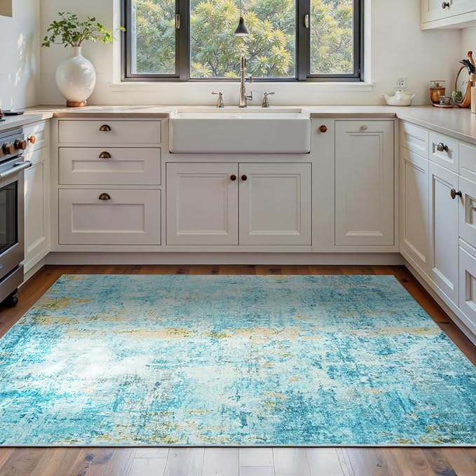 Area Rug 4x6 Teal Blue Rug Washable Boho Rugs Non Slip Low Pile Abstract Small by OmpaaHomeDecor