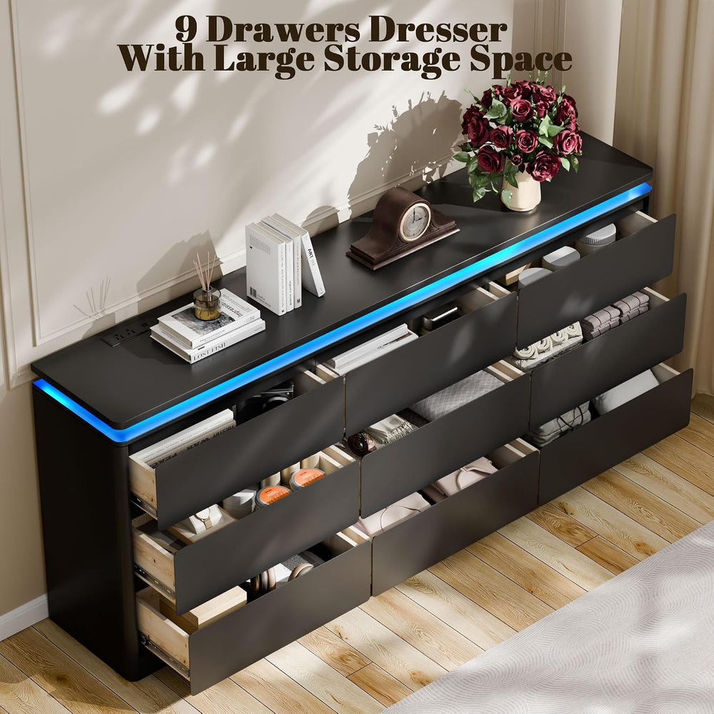 9 Drawer Dresser for Bedroom,62.99" Long Black Chest of Drawers w/LED Light