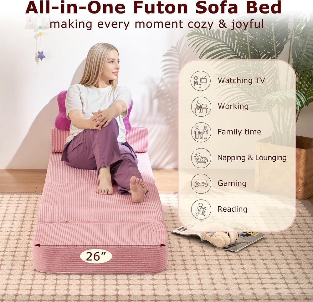Folding Convertible Sofa Bed, Sleeper Chair for Guest, Single, Pink