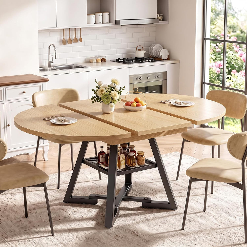 Extendable Round Dining Table for 4-8, Round to Oval Dining Table with Open S...