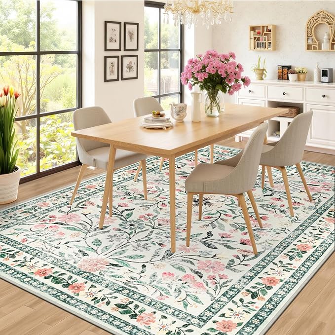 Area Rugs 9x12 Living Room: Floral Washable Rug Vintage Large Soft Boho - Image 4