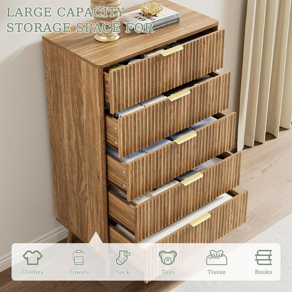 LYNSOM Fluted 5 Drawers Dresser, 45" Tall Modern Chest of Drawers with C...