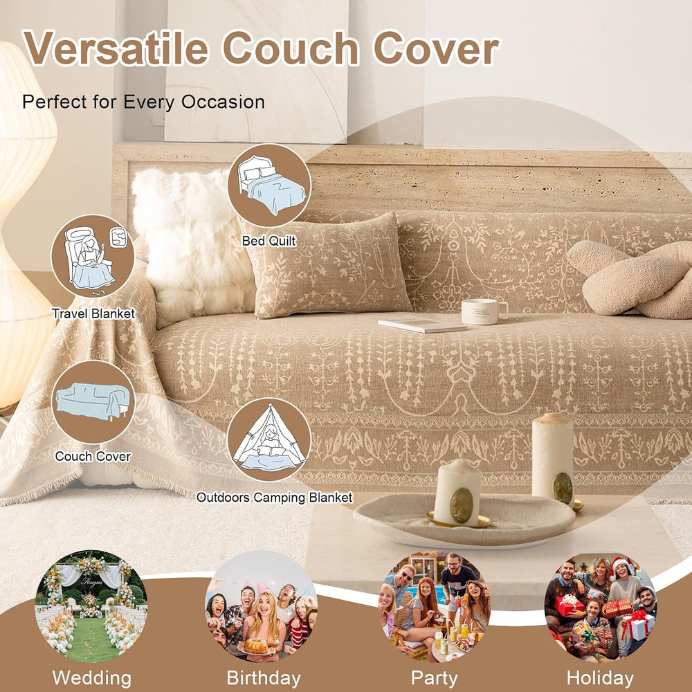 VClife Vintage Boho Couch Cover Floral Washable Sofa Cover, Khaki, 71 x 118