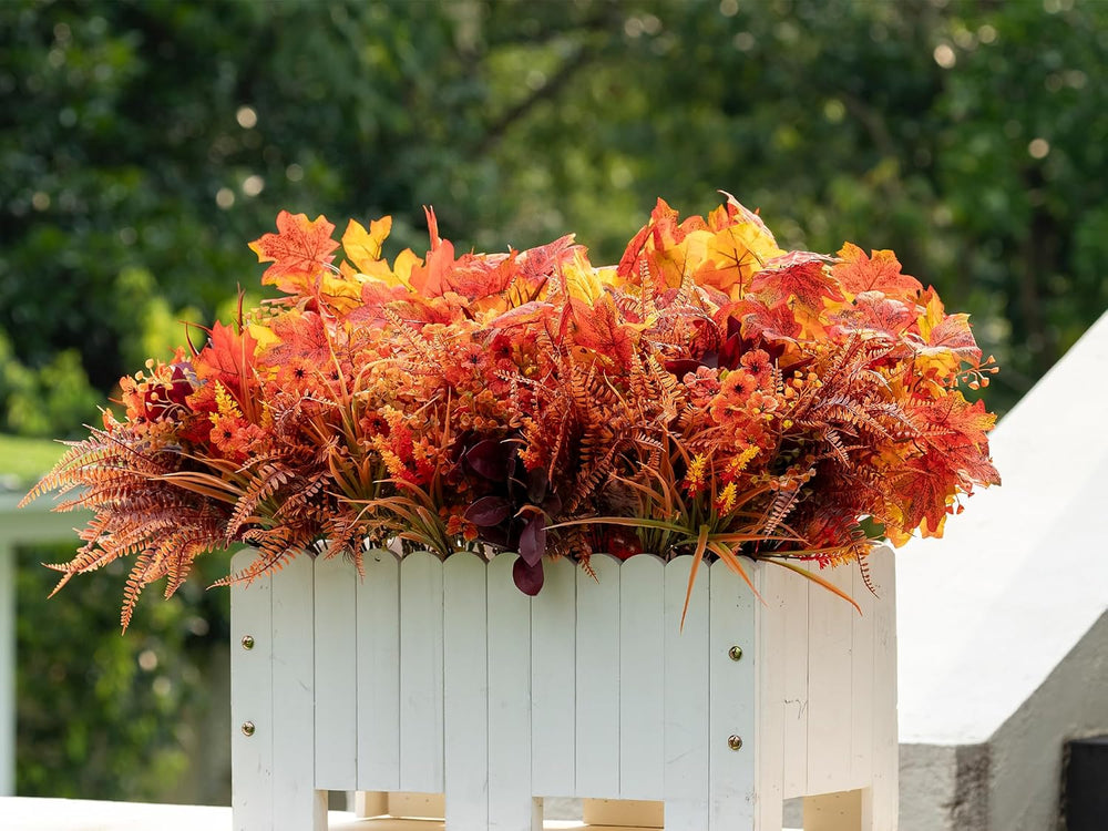 24PCS Artificial Fall Flowers Outdoors, Faux Maples & Mums for Outside